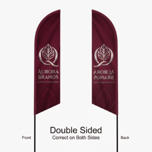 Double-sided angled feather flag with custom full-color graphics readable from both sides