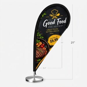 Custom desktop teardrop flag with colorful graphics for office desks, trade shows, and events.