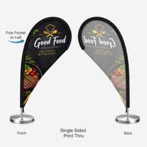 Double-sided desktop flag displaying vibrant graphics on both sides.