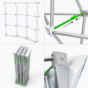 Installation bars and connectors for securely assembling an 8ft curved Velcro fabric pop up display frame.