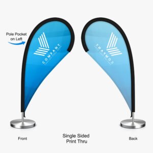 Single-sided desktop teardrop flag designed for clear branding and promotional messaging on one visible side.